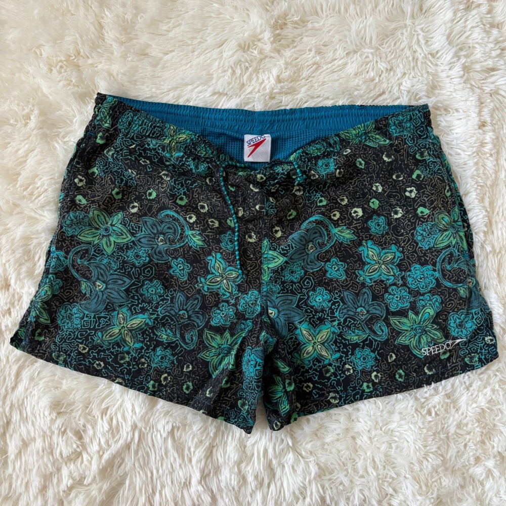 Vintage Speedo Mens Swim Trunks Large Teal Floral Paisley Mesh Lined Shorts
